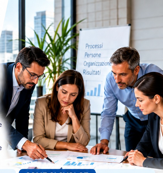 Team aziendale durante una sessione di analisi organizzativa