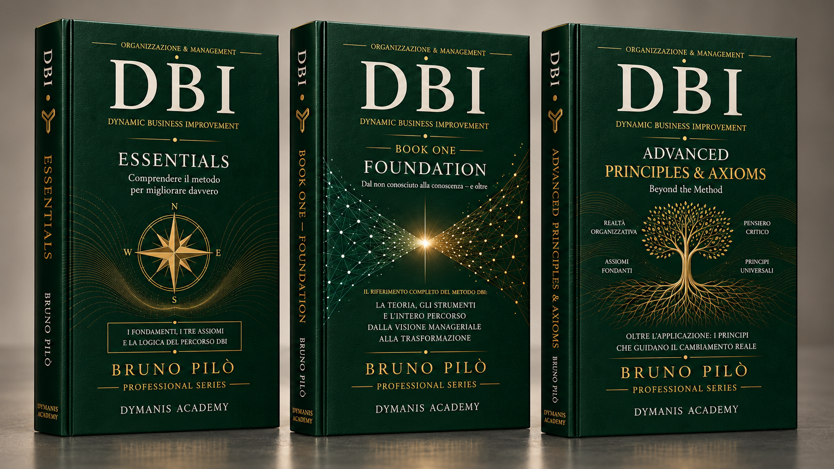 I tre volumi hardcover DBI Essentials, DBI Book One Foundation e Advanced Principles & Axioms in edizione DYMANIS Academy